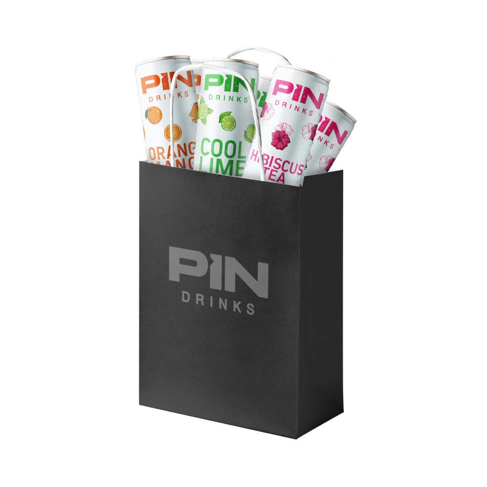 PIN Drinks Sample Pack - 6 cans featuring 2 each of Cool Lime, Hibiscus Tea, and Orange Mango flavors. Premium, plant-based, gluten-free, and vegan beverages