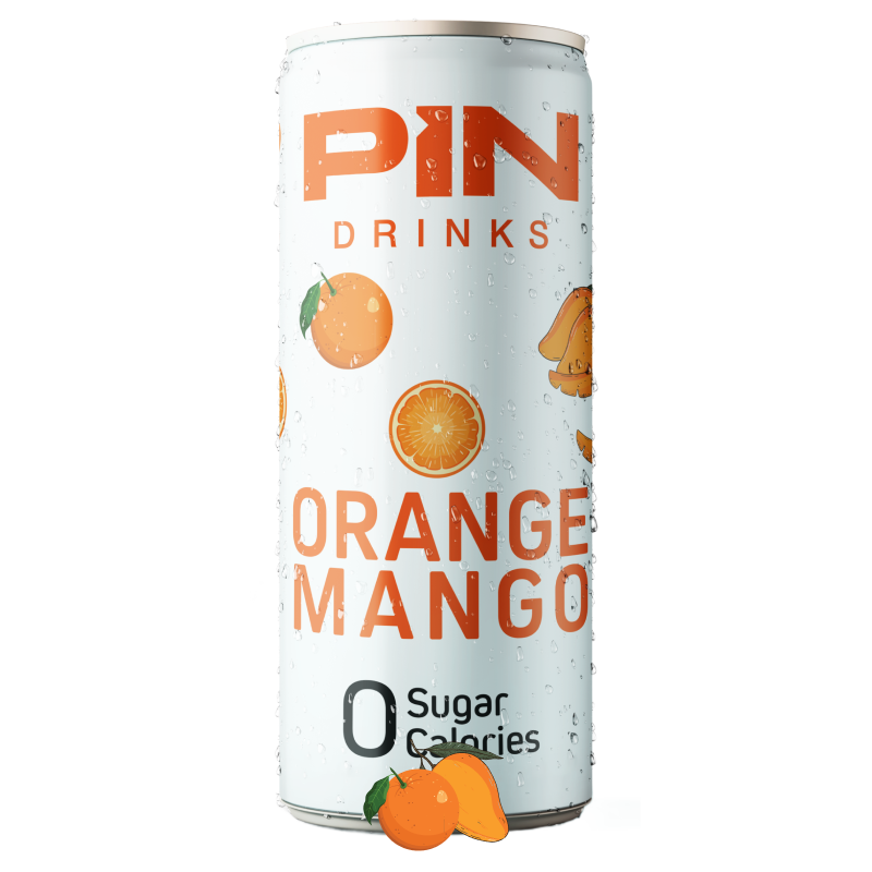 PIN Drinks Orange Mango - A vibrant blend of orange and mango for a delightful taste sensation. Sugar-free, calorie-free, preservative-free, colorant-free, plant-based, gluten-free, and vegan beverage.