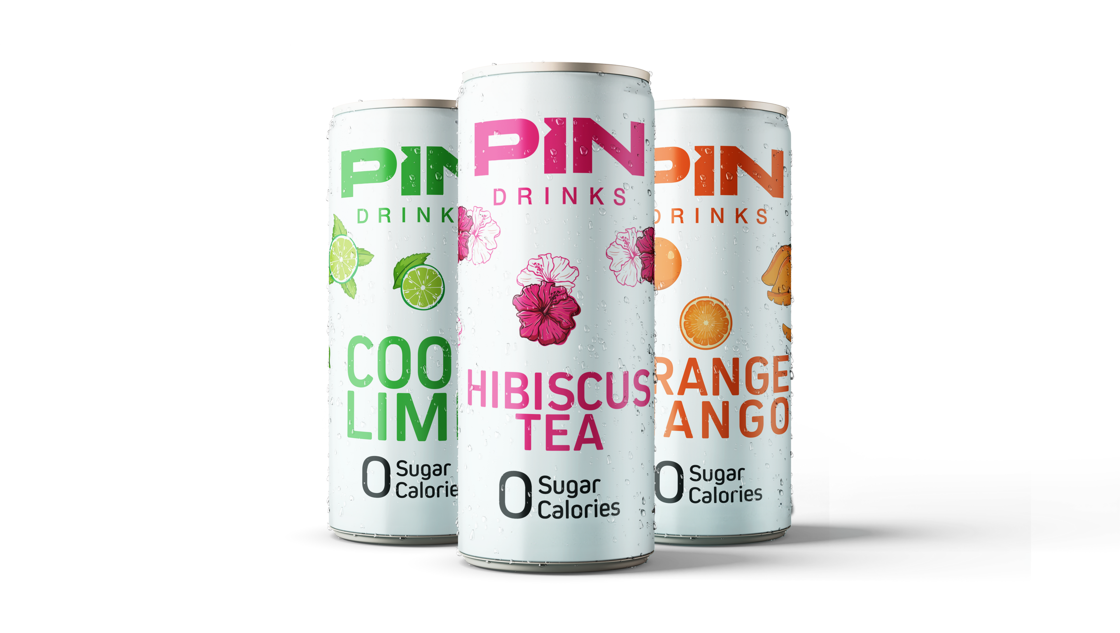 PIN Drinks Hero Image - Showcasing Cool Lime, Hibiscus, and Orange Mango flavors. Premium, plant-based, gluten-free, vegan, sugar-free, calorie-free, preservative-free, and colorant-free beverages