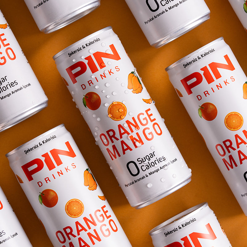 PIN Drinks Orange Mango - A vibrant blend of orange and mango for a delightful taste sensation. Sugar-free, calorie-free, preservative-free, colorant-free, plant-based, gluten-free, and vegan beverage.